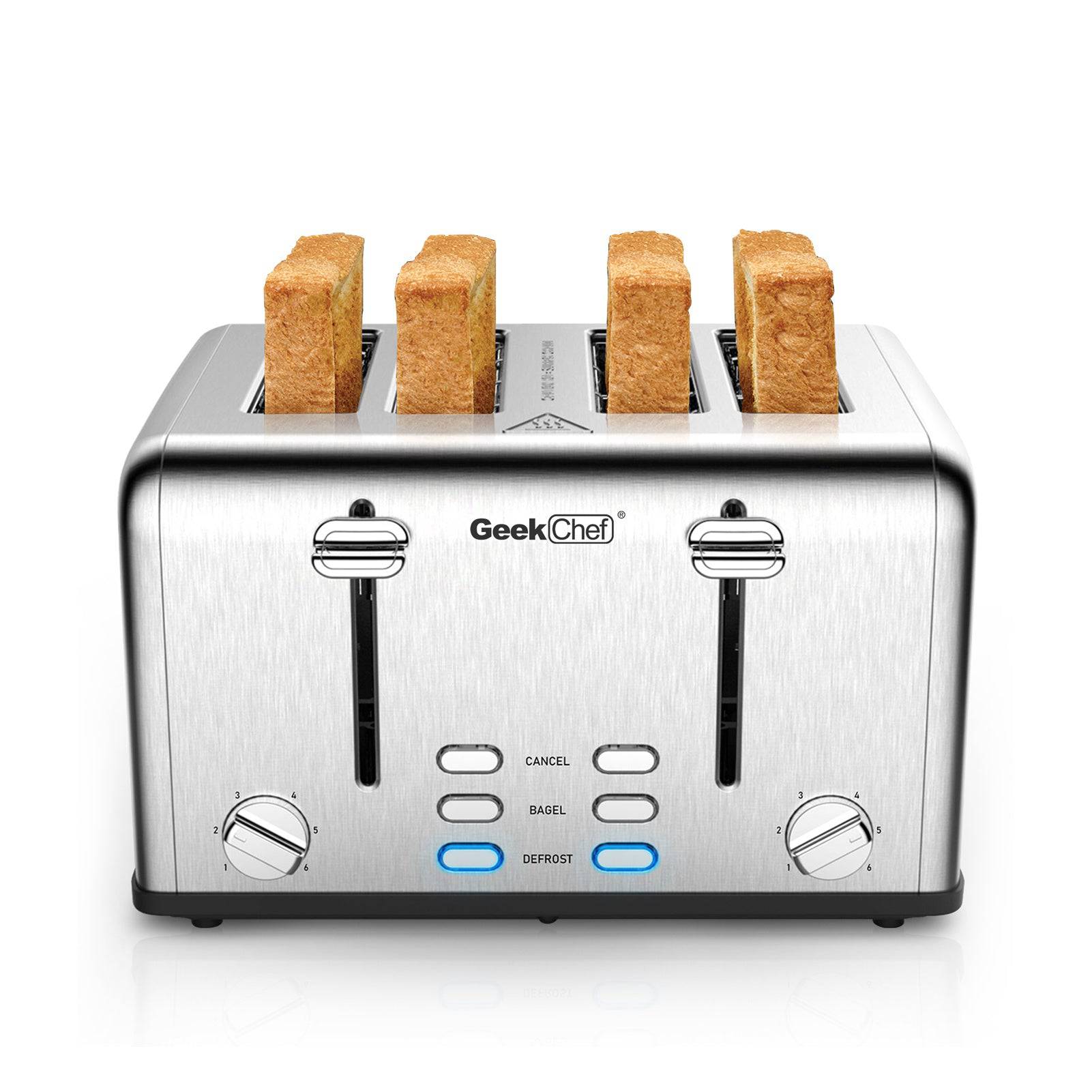 Geek Chef Stainless Steel Extra-Wide Slot Toaster - 4 Slice - Dual Control Panels - Bagel/Defrost/Cancel Function - Silver-Black - Growtochoice LLC