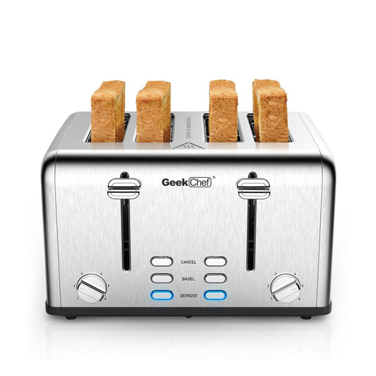 Geek Chef Stainless Steel Extra-Wide Slot Toaster - 4 Slice - Dual Control Panels - Bagel/Defrost/Cancel Function - Silver-Black - Growtochoice LLC