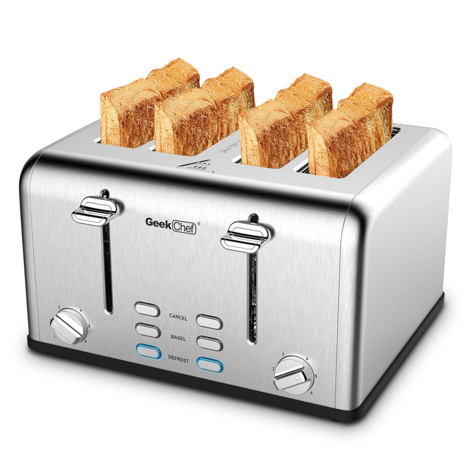 Geek Chef Stainless Steel Extra-Wide Slot Toaster - 4 Slice - Dual Control Panels - Bagel/Defrost/Cancel Function - Silver-Black - Growtochoice LLC