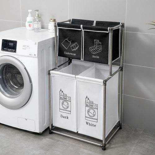 Efficient 2-Tier Laundry Hamper with 4 Removable Bags - Perfect for Sorting Clothes, Laundry, Lights, and Darks