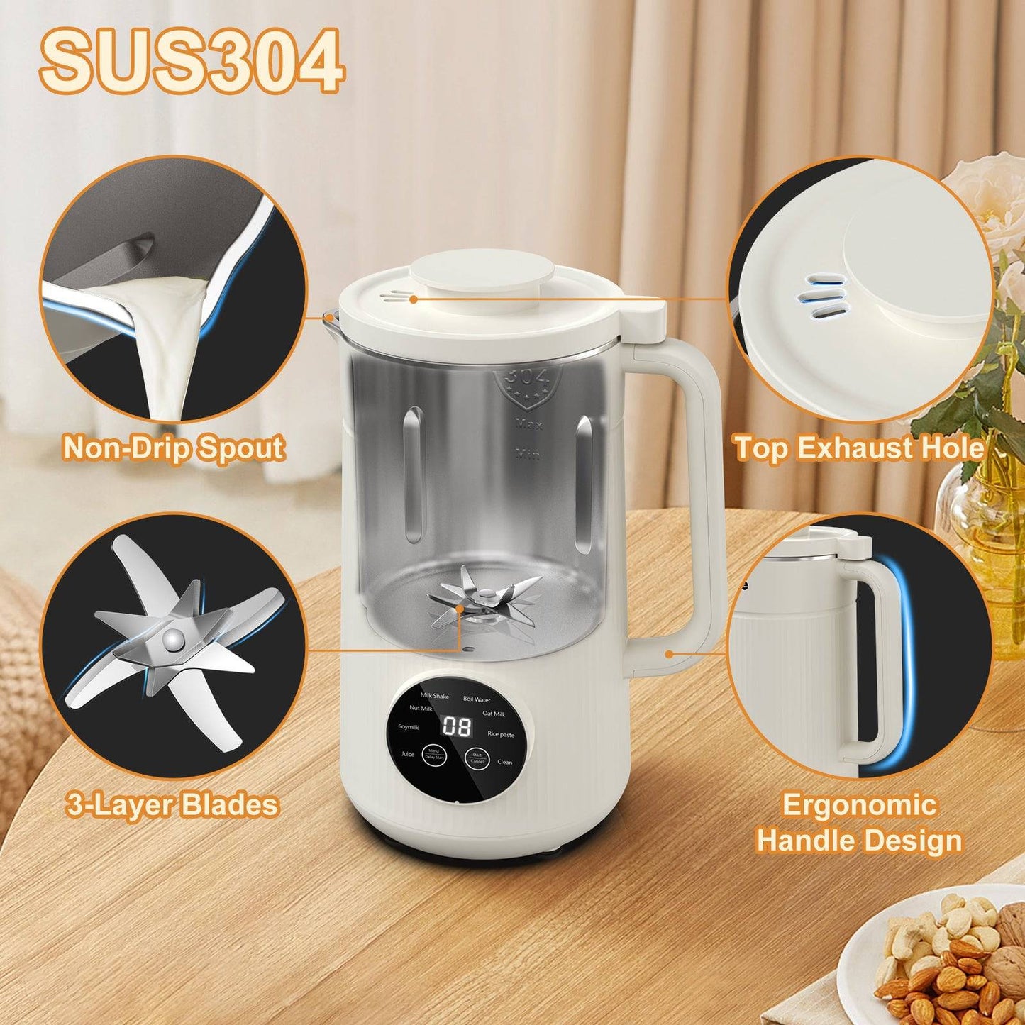 Mooye 35oz Automatic Nut Milk Maker with Nut Milk Bag | Homemade Almond, Oat, Soy Milk Machine | 10 Blades, Auto-operation, 12 Hours Timer - Dairy-Free Beverages - Growtochoice LLC