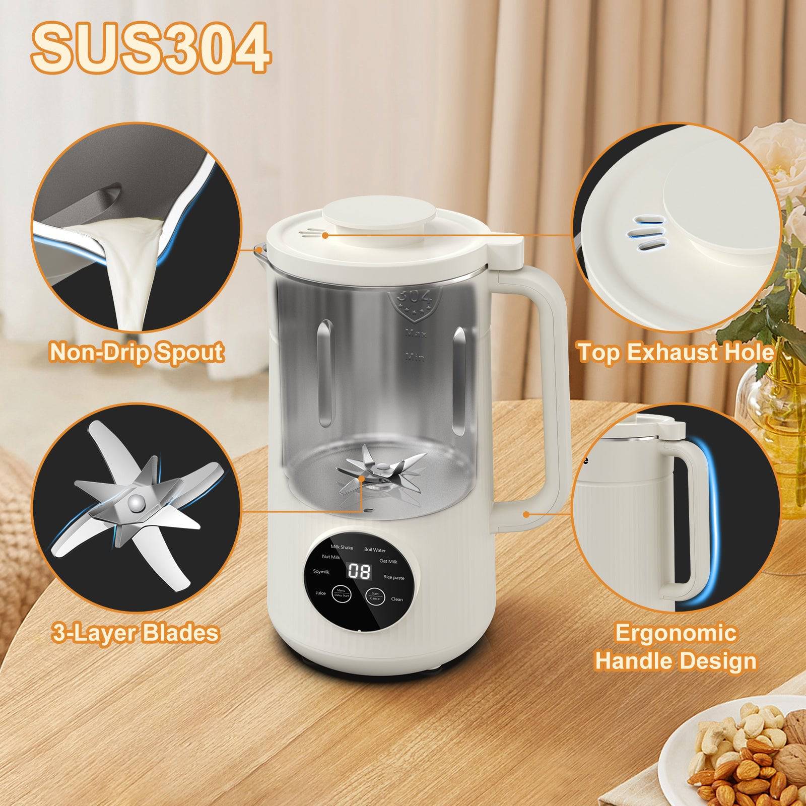 Mooye 35oz Automatic Nut Milk Maker with Nut Milk Bag | Homemade Almond, Oat, Soy Milk Machine | 10 Blades, Auto-operation, 12 Hours Timer - Dairy-Free Beverages - Growtochoice LLC