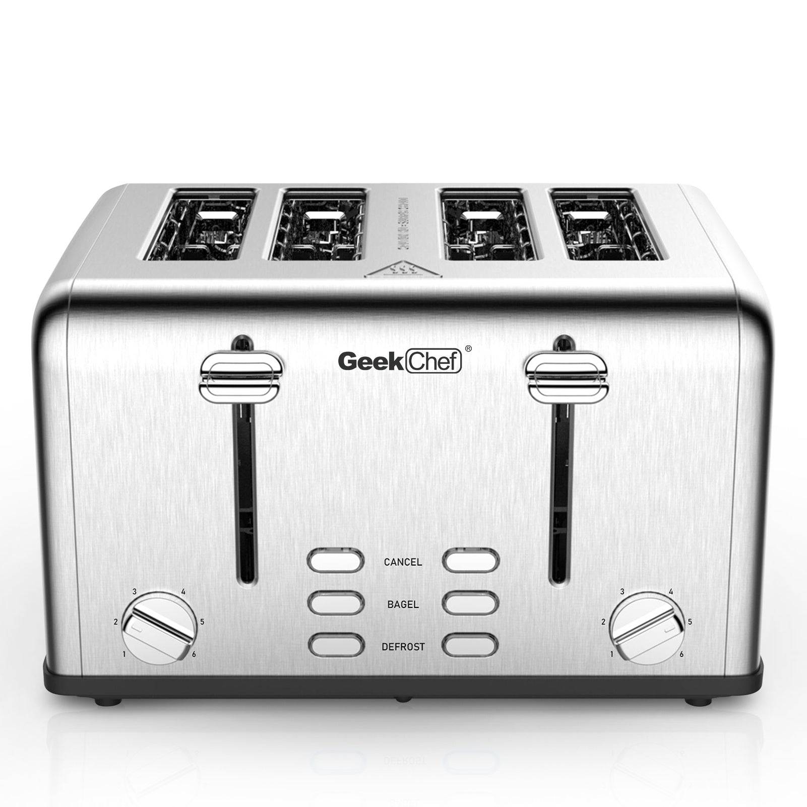 Geek Chef Stainless Steel Extra-Wide Slot Toaster - 4 Slice - Dual Control Panels - Bagel/Defrost/Cancel Function - Silver-Black - Growtochoice LLC