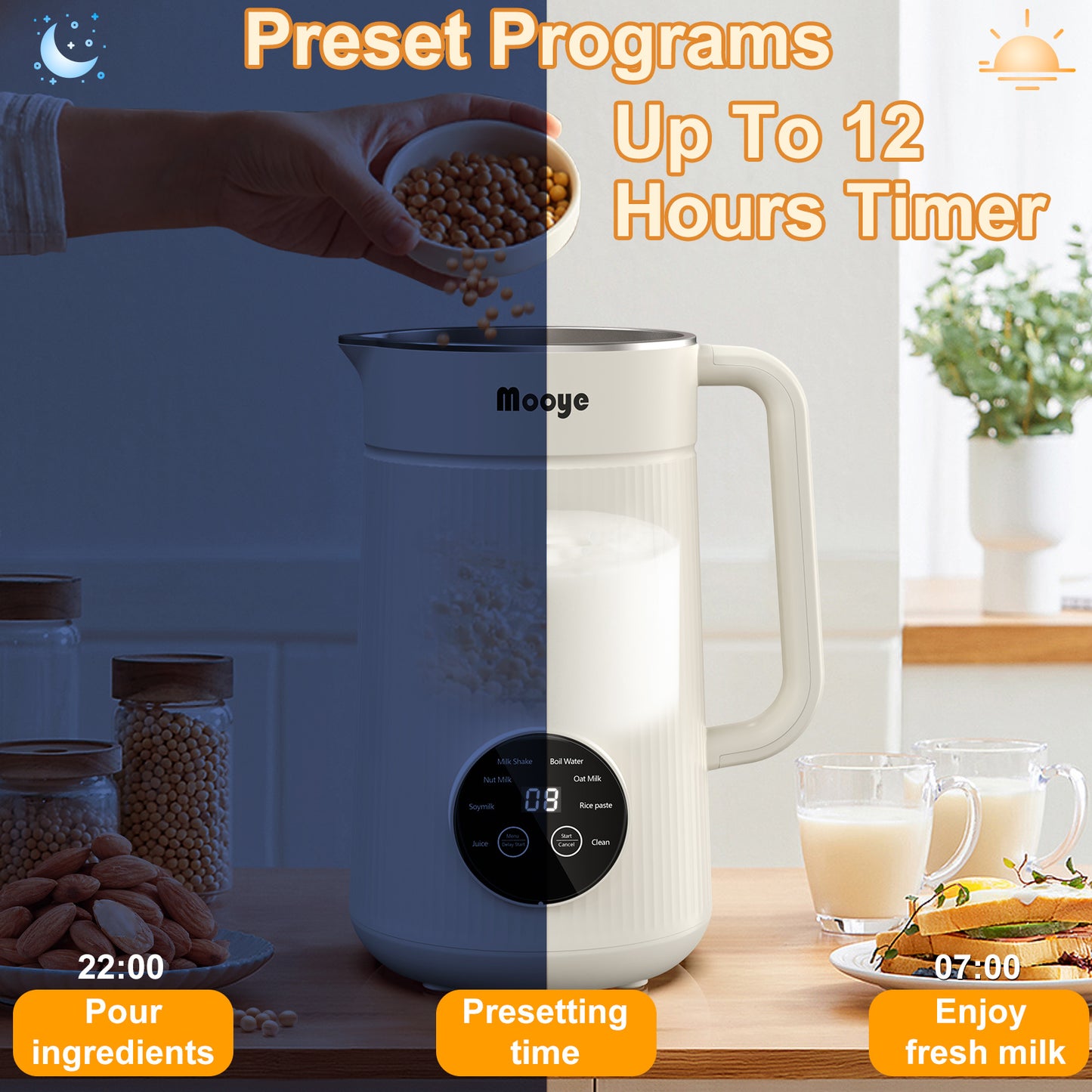 Mooye 35oz Automatic Nut Milk Maker with Nut Milk Bag | Homemade Almond, Oat, Soy Milk Machine | 10 Blades, Auto-operation, 12 Hours Timer - Dairy-Free Beverages