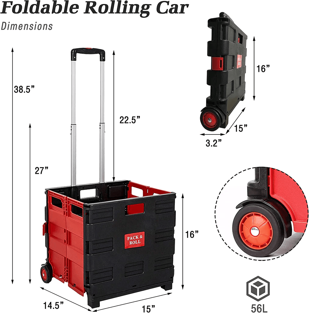 Large Folding Rolling Utility Shopping Cart, Black & Red - Growtochoice LLC