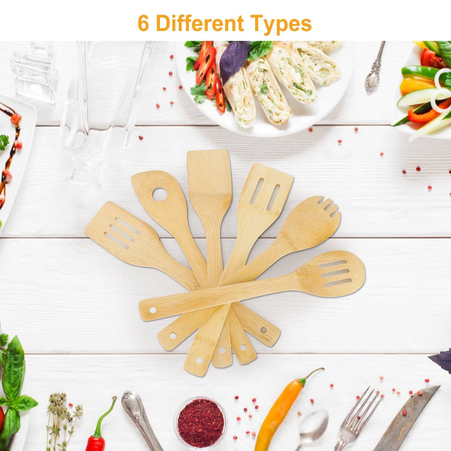 6Pcs Cooking Utensil Bamboo Wooden Spoons Spatula Kitchen Cooking Tools - Growtochoice LLC