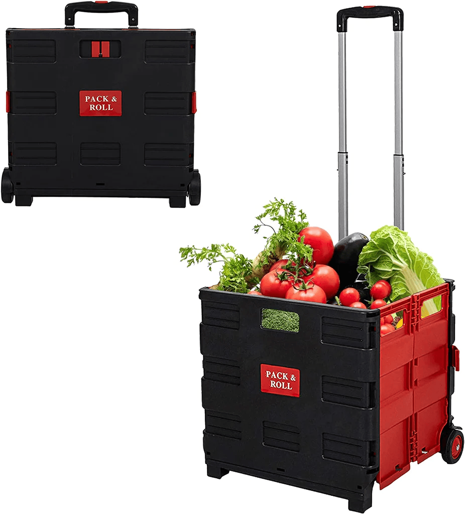 Large Folding Rolling Utility Shopping Cart, Black & Red - Growtochoice LLC