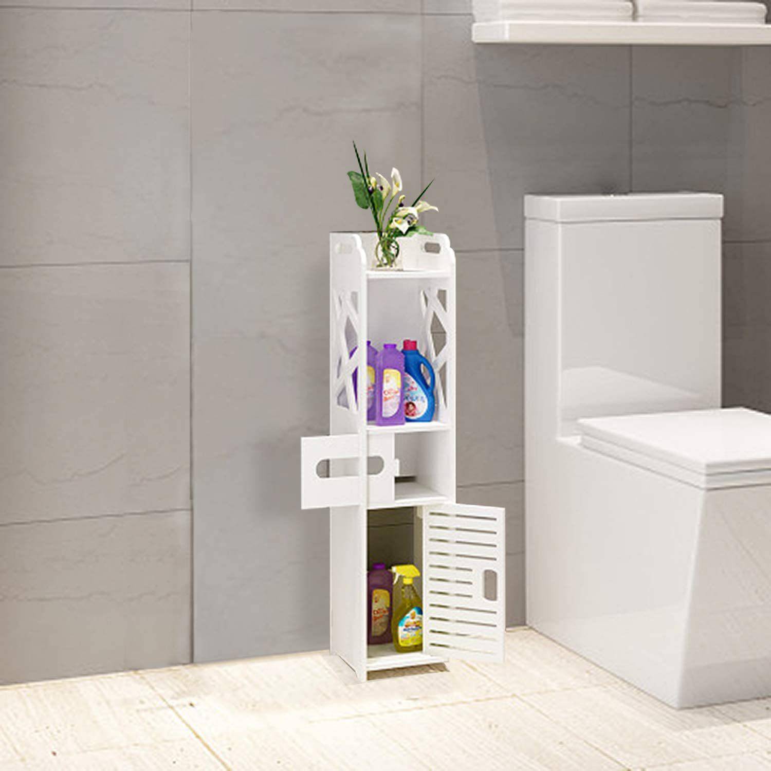 4-Tier Bathroom Standing Shelf Storage Closet Organizer Free Standing Shelves Rack with 2 Doors Carved Stand Cabinet Home Decor - Growtochoice LLC