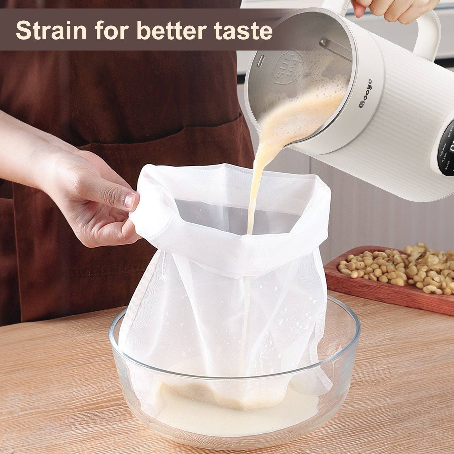 Mooye 35oz Automatic Nut Milk Maker with Nut Milk Bag | Homemade Almond, Oat, Soy Milk Machine | 10 Blades, Auto-operation, 12 Hours Timer - Dairy-Free Beverages - Growtochoice LLC