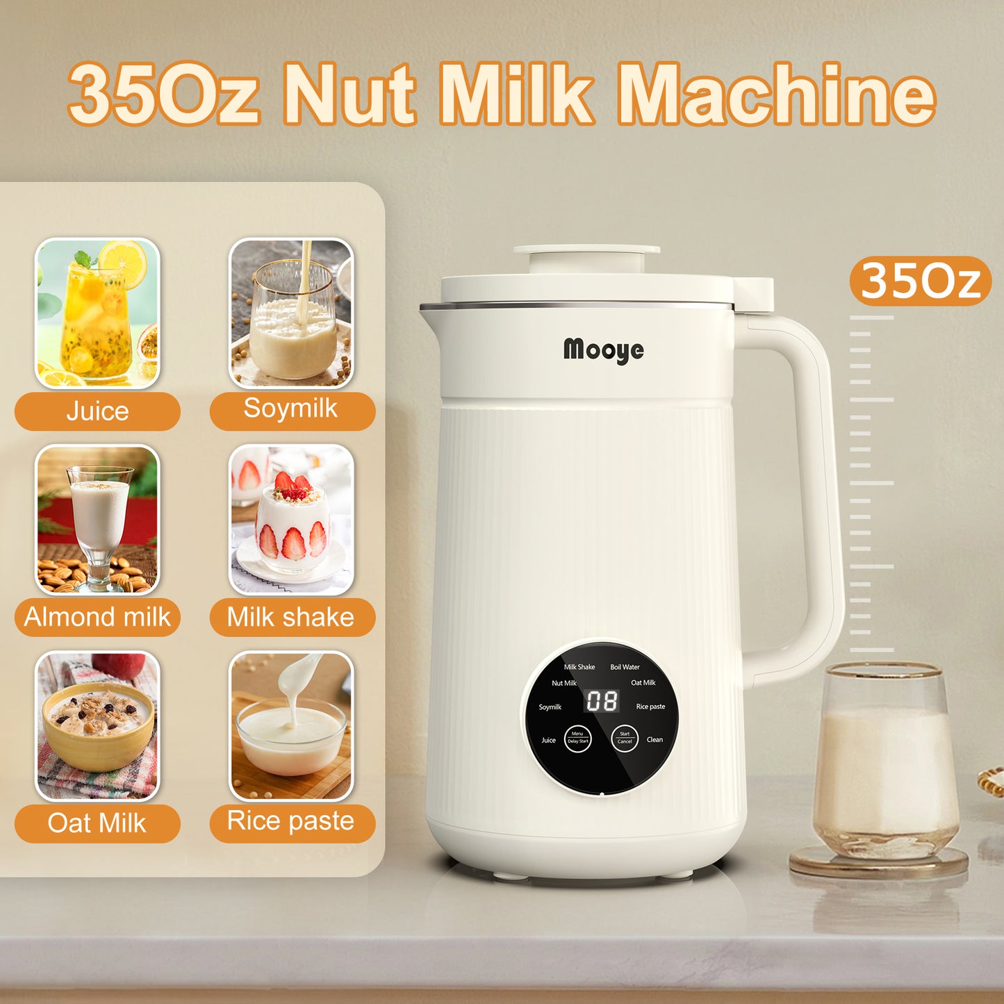Mooye 35oz Automatic Nut Milk Maker with Nut Milk Bag | Homemade Almond, Oat, Soy Milk Machine | 10 Blades, Auto-operation, 12 Hours Timer - Dairy-Free Beverages