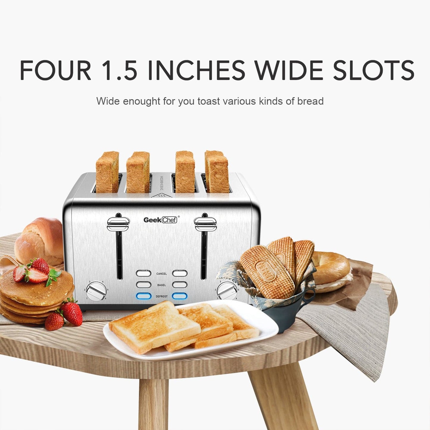 Geek Chef Stainless Steel Extra-Wide Slot Toaster - 4 Slice - Dual Control Panels - Bagel/Defrost/Cancel Function - Silver-Black - Growtochoice LLC