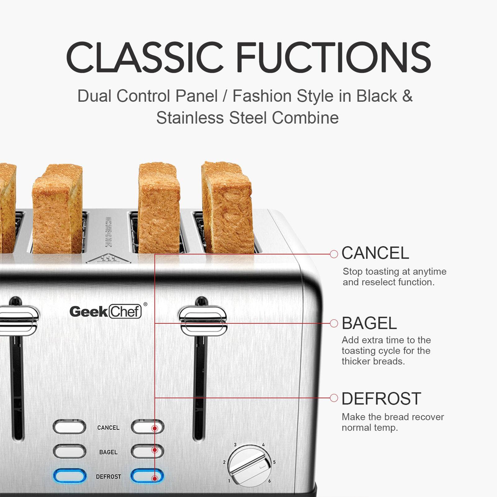 Geek Chef Stainless Steel Extra-Wide Slot Toaster - 4 Slice - Dual Control Panels - Bagel/Defrost/Cancel Function - Silver-Black - Growtochoice LLC