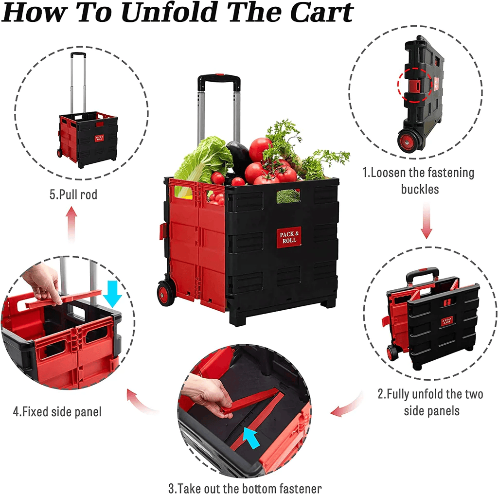 Large Folding Rolling Utility Shopping Cart, Black & Red - Growtochoice LLC