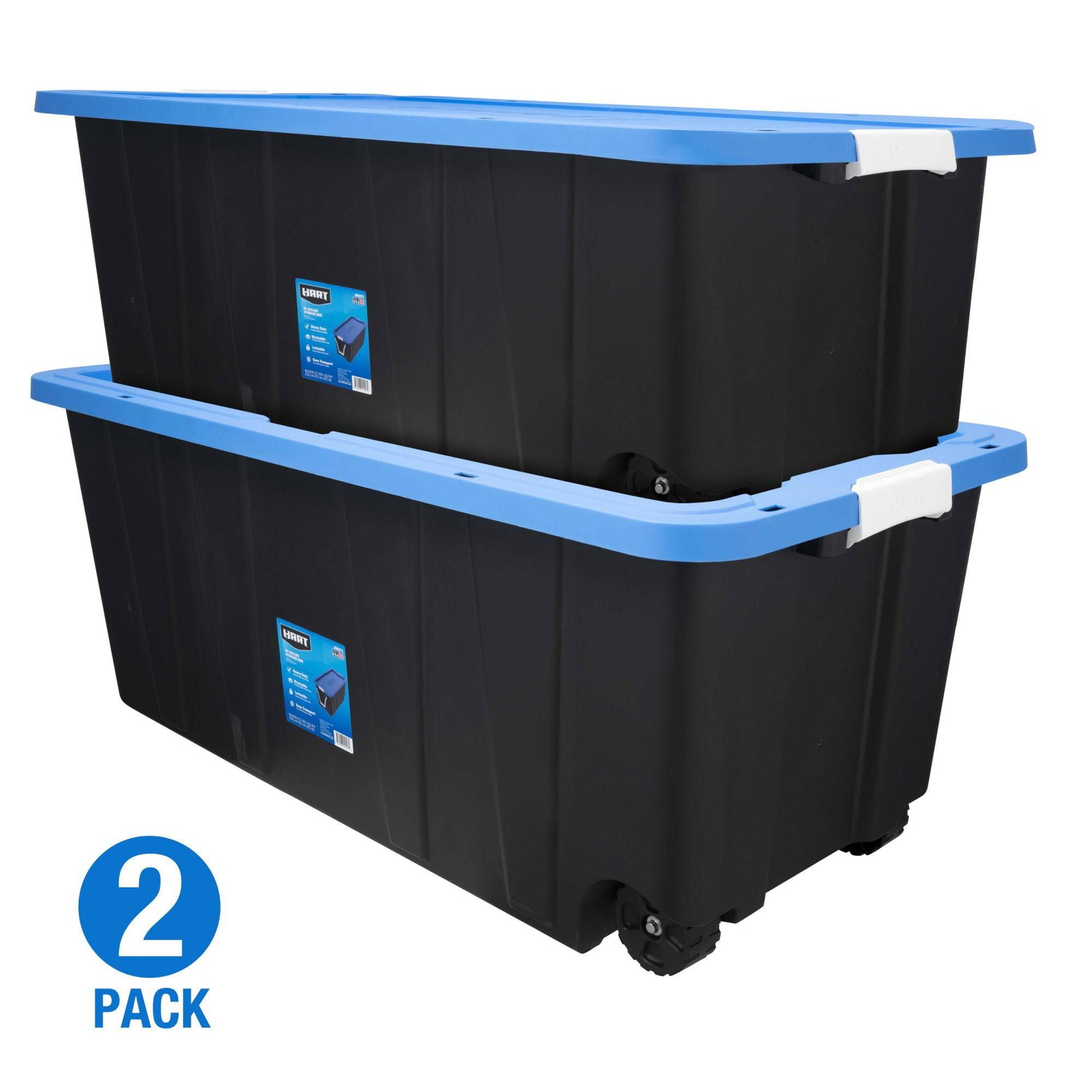50 Gallon Rolling Plastic Storage Bin Container with Pull Handle, Black with Blue Lid, Set of 2 - Growtochoice LLC