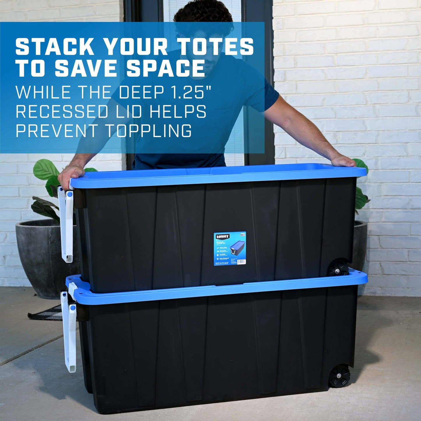 50 Gallon Rolling Plastic Storage Bin Container with Pull Handle, Black with Blue Lid, Set of 2 - Growtochoice LLC