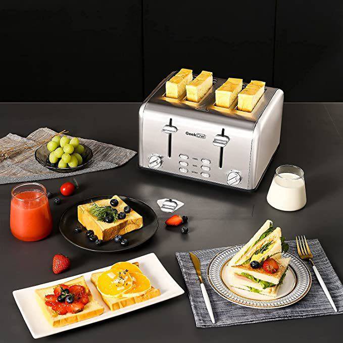 Geek Chef Stainless Steel Extra-Wide Slot Toaster - 4 Slice - Dual Control Panels - Bagel/Defrost/Cancel Function - Silver-Black - Growtochoice LLC