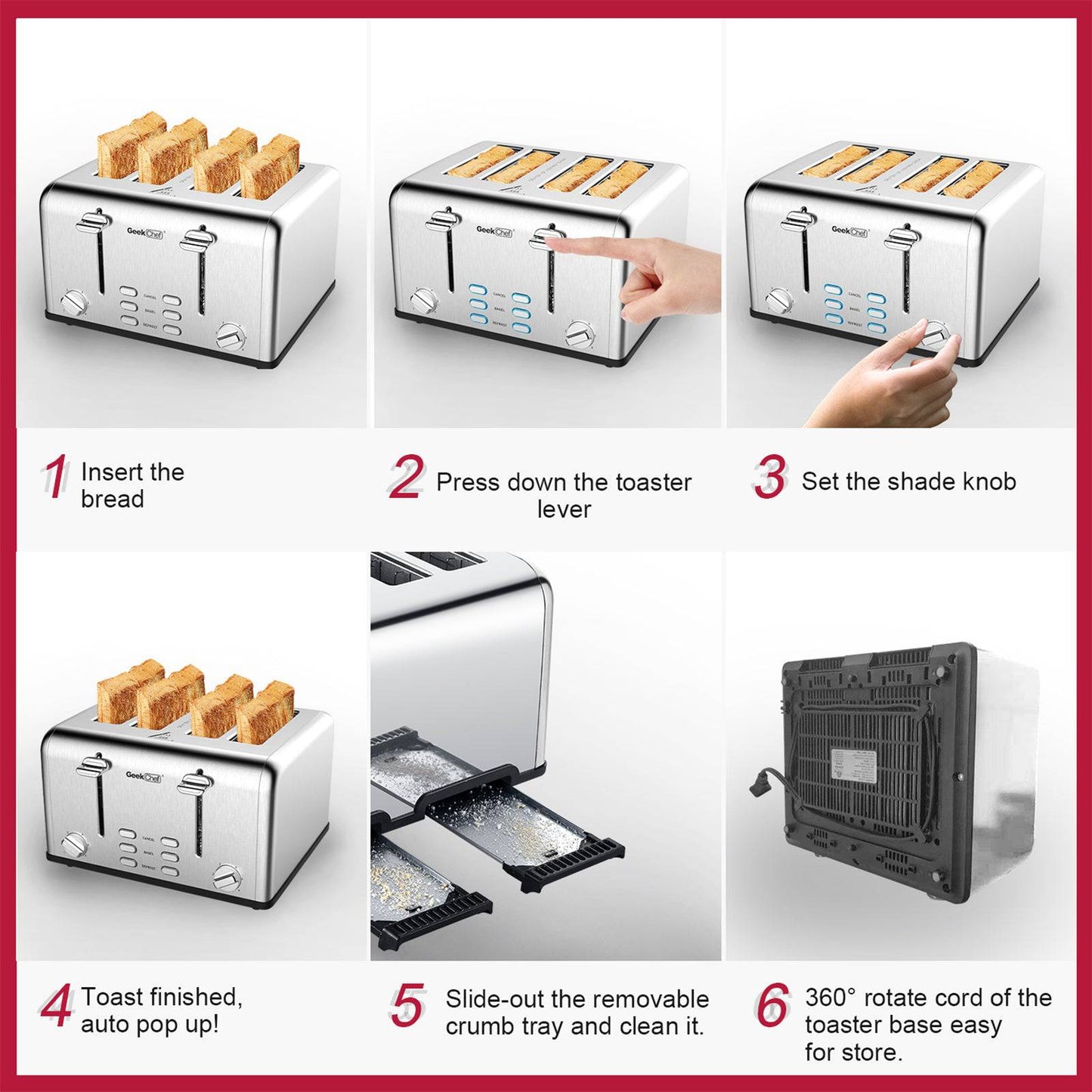 Geek Chef Stainless Steel Extra-Wide Slot Toaster - 4 Slice - Dual Control Panels - Bagel/Defrost/Cancel Function - Silver-Black - Growtochoice LLC