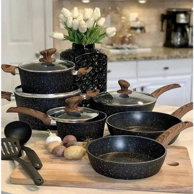 Kitchen Academy Induction Cookware Sets - 12 Piece Granite Black Nonstick Cooking Pan Set - Growtochoice LLC