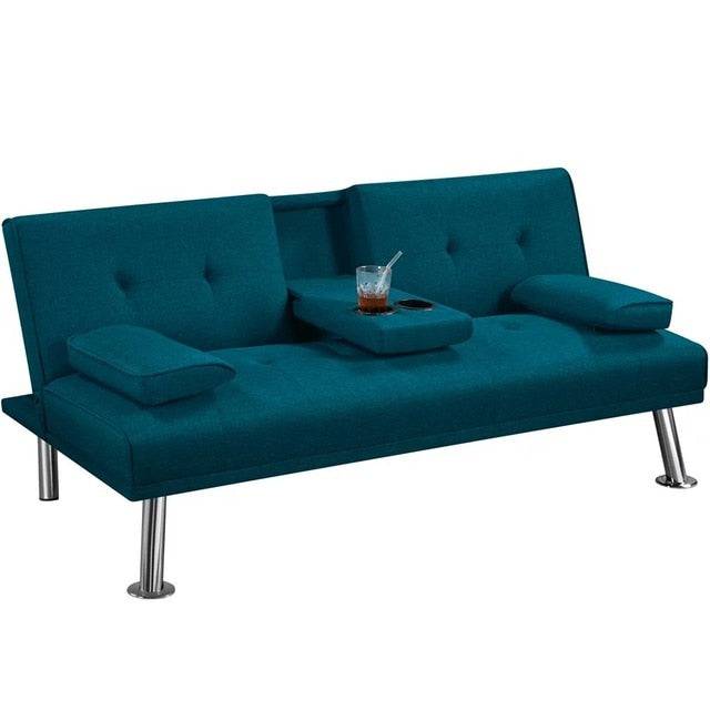 Fashion Modern Fabric Reclining Futon with Cupholders and Pillows, Black Living Room Sofas - Growtochoice LLC