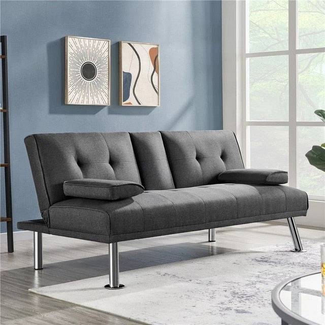 Fashion Modern Fabric Reclining Futon with Cupholders and Pillows, Black Living Room Sofas - Growtochoice LLC
