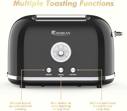 Toaster 2 Slice Retro Toaster Stainless Steel With 6 Bread Shade Settings And Bagel Cancel Defrost Reheat Function, Cute Bread Toaster With Extra Wide Slot And Removable Crumb Tray