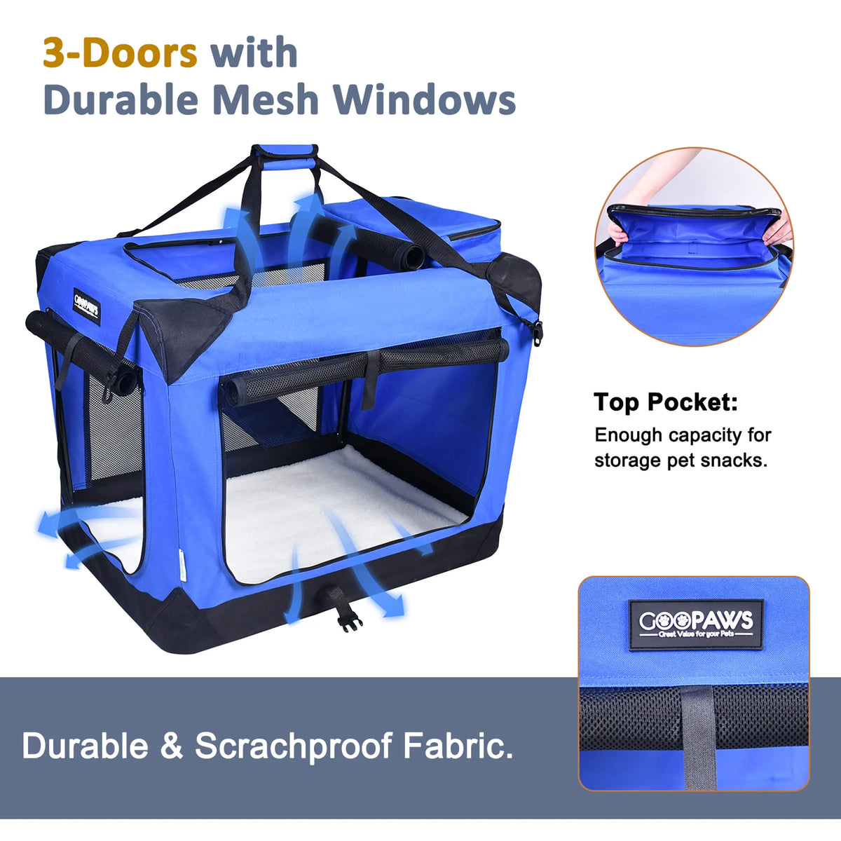 Soft Sided Dog Crate, Portable Collapsible Dog Kennel with 3 Doors, Washable Cover, Steel Tube Frame, Fleece Bed & Adjustable Straps, Indoor Outdoor Pet Travel Crate