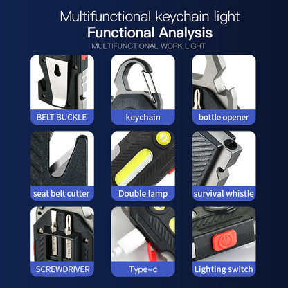 Multifunctional Keychain Flashlight, COB LED Emergency Work Light, Rechargeable