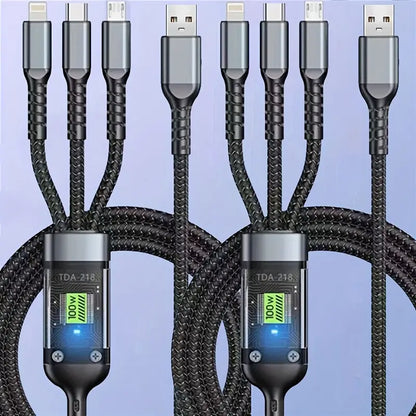 100W 3-in-1 Fast Charge Nylon Cable - USB-C, Micro USB, Lightning