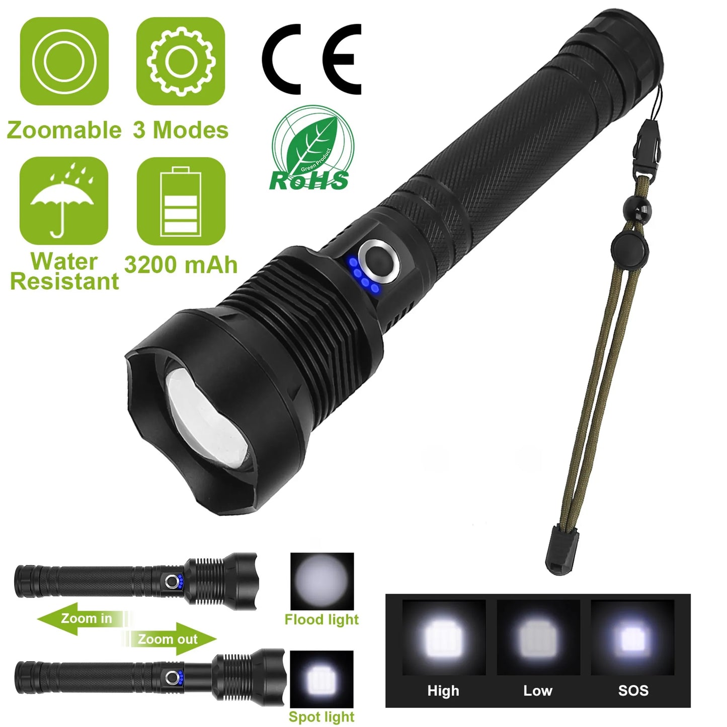 LED Tactical Flashlights 30000LM USB Rechargeable
