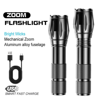 18650 High-Power LED Flashlight, USB Rechargeable, Zoomable Camping Light