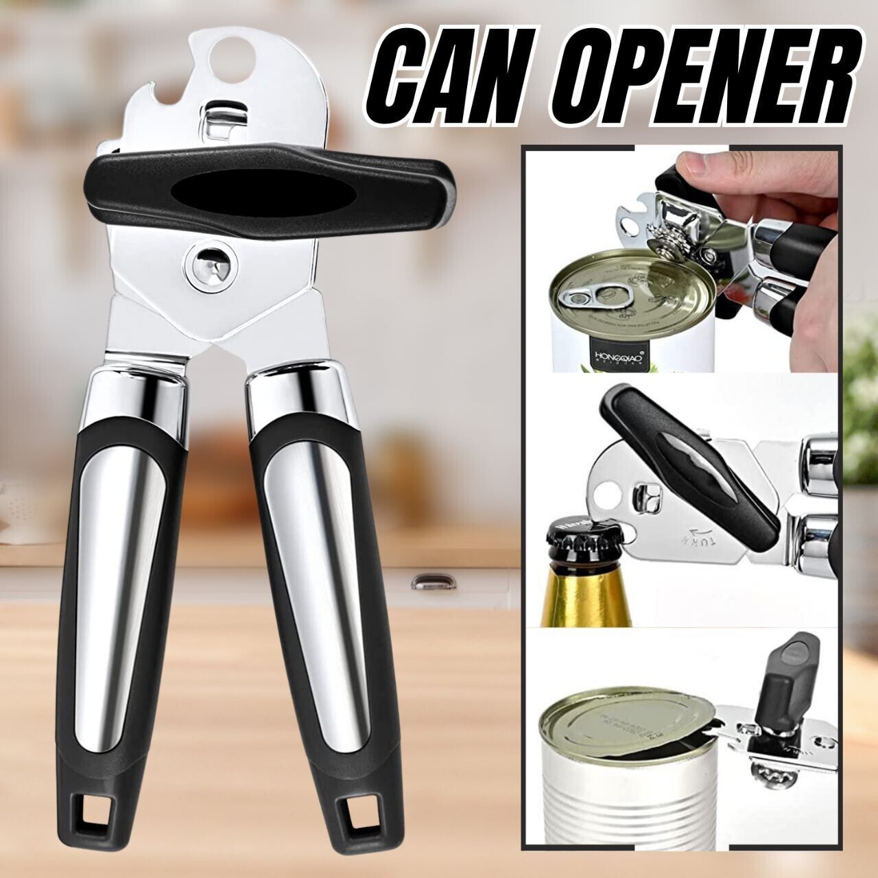 Can Opener Manual, Handheld Strong Heavy Duty Can Opener, Anti-slip Hand Grip, Stainless Steel Sharp Blade