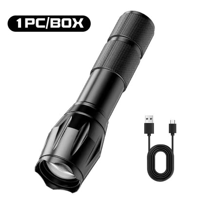 18650 High-Power LED Flashlight, USB Rechargeable, Zoomable Camping Light