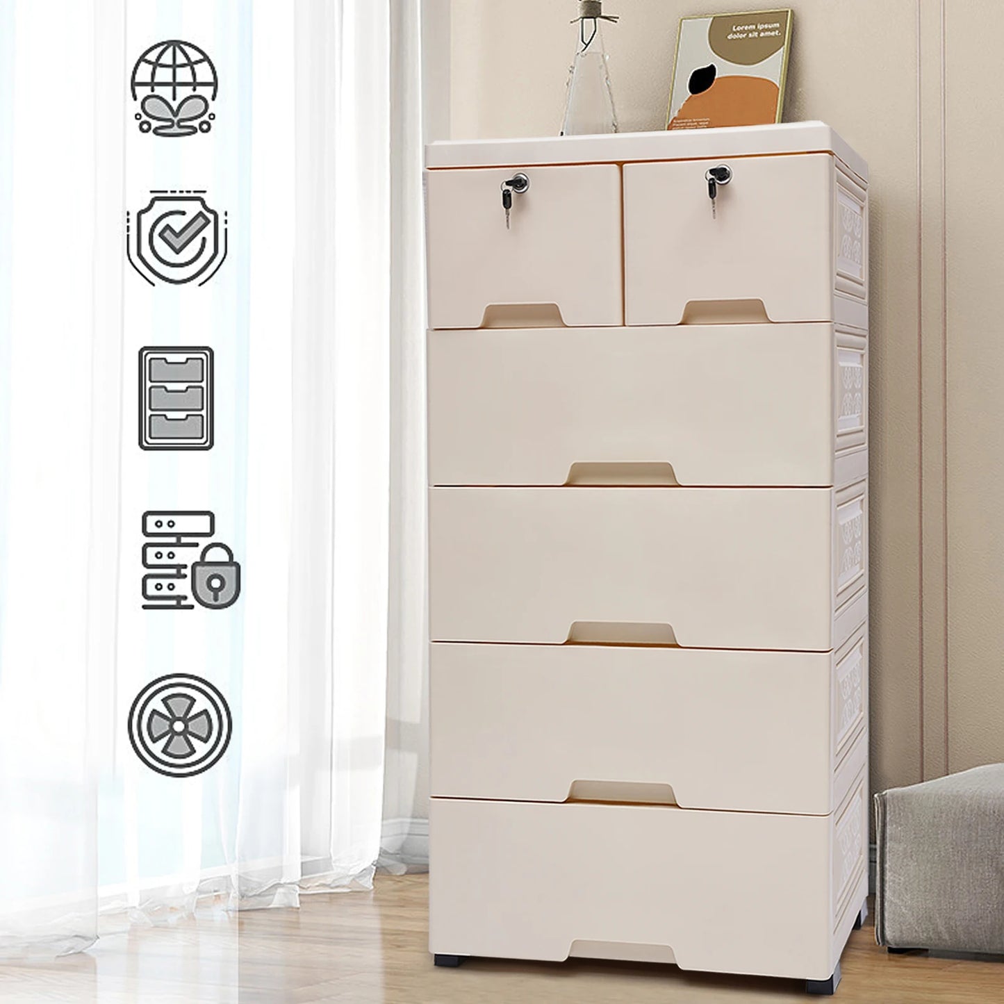 6 Drawers Beige Movable Storage Organizer Chest of Tower Closet Nightstand White