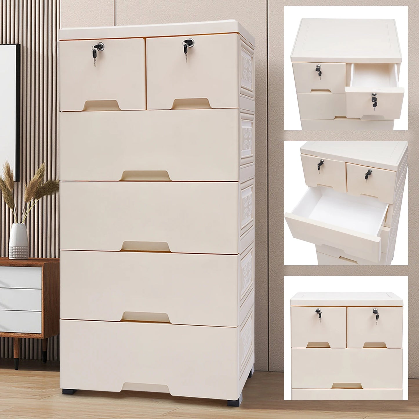 6 Drawers Beige Movable Storage Organizer Chest of Tower Closet Nightstand White