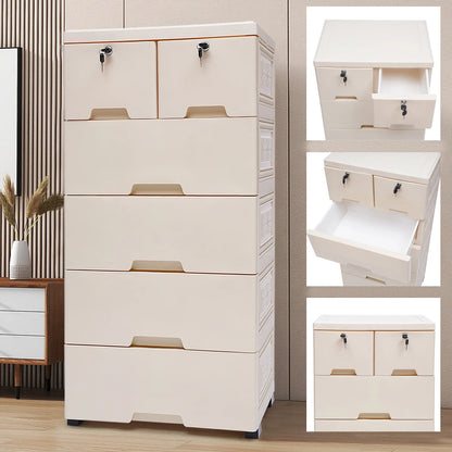 6 Drawers Beige Movable Storage Organizer Chest of Tower Closet Nightstand White