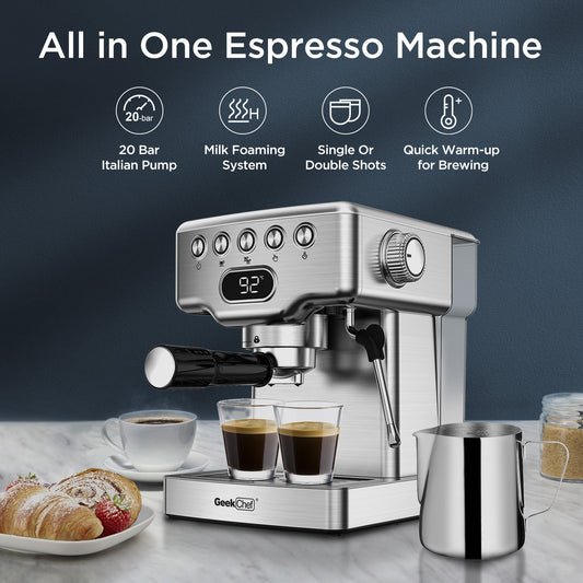 "20-Bar Espresso Machine with Milk Frother for Latte, Cappuccino, Macchiato – Home Espresso Maker with 1.8L Water Tank, Stainless Steel"