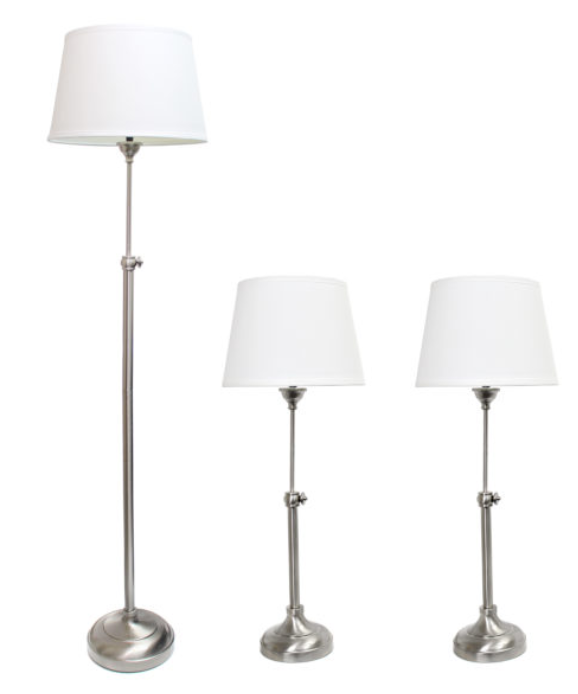 **Modern Brushed Nickel Lamp Set - 3 Pack Adjustable Lighting with 2 Table Lamps & 1 Floor Lamp**