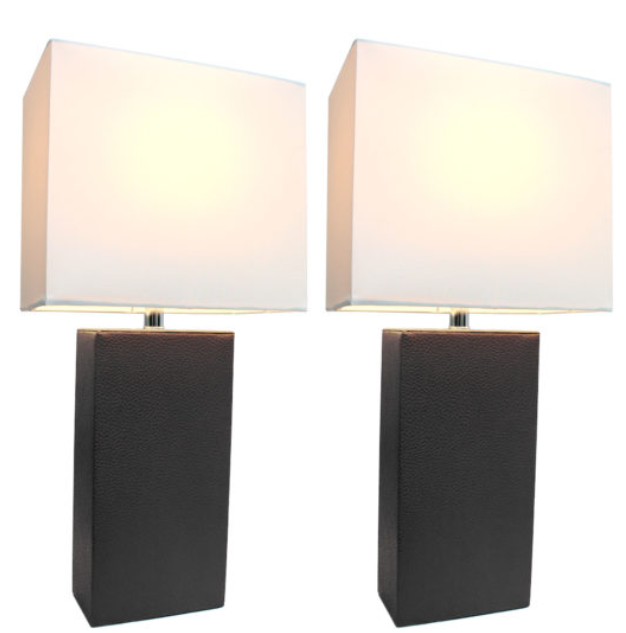 Set of 2 Modern Leather Table Lamps with White Fabric Shades - Elegant Designs