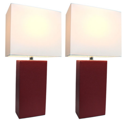 Set of 2 Modern Leather Table Lamps with White Fabric Shades - Elegant Designs