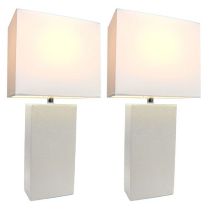 Set of 2 Modern Leather Table Lamps with White Fabric Shades - Elegant Designs