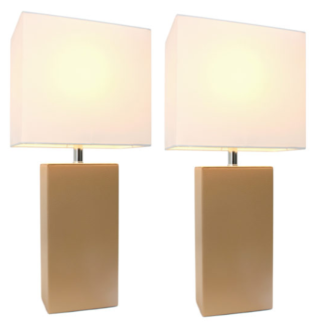 Set of 2 Modern Leather Table Lamps with White Fabric Shades - Elegant Designs