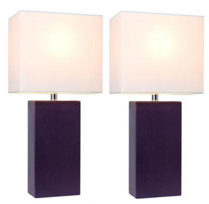 Set of 2 Modern Leather Table Lamps with White Fabric Shades - Elegant Designs