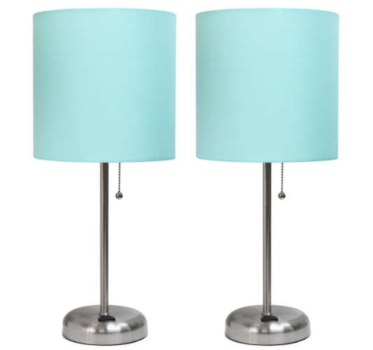 Set of 2 Brushed Steel Stick Lamps with Fabric Shades and Built-In Charging Outlets