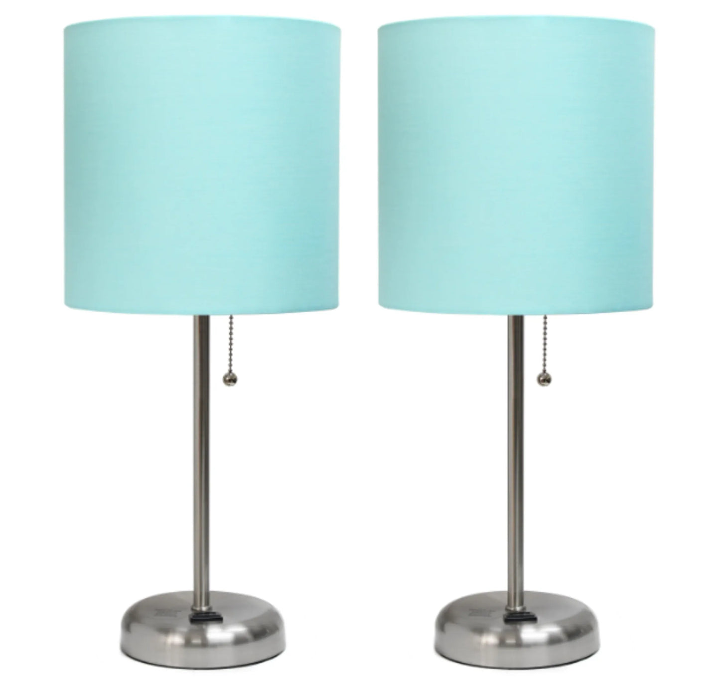 LimeLights Brushed Steel Stick Lamp with Charging Outlet and Fabric Shade (Set of 2)