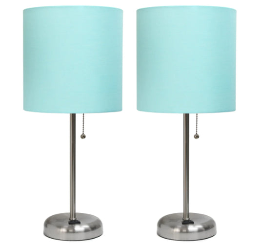 LimeLights Brushed Steel Stick Lamp with Charging Outlet and Fabric Shade (Set of 2)