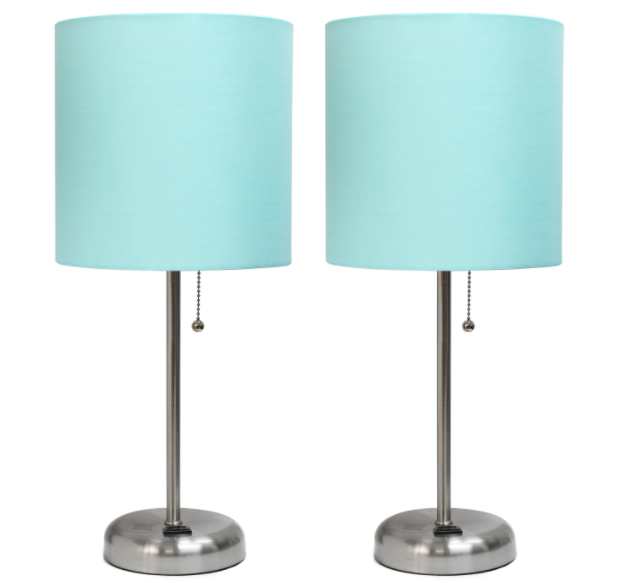 Set of 2 Brushed Steel Stick Lamps with Fabric Shades and Built-In Charging Outlets