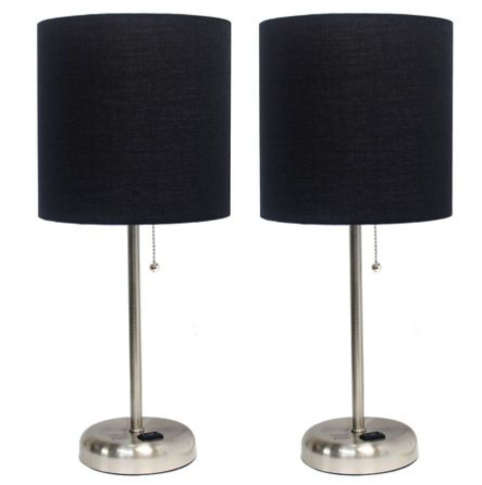 Set of 2 Brushed Steel Stick Lamps with Fabric Shades and Built-In Charging Outlets