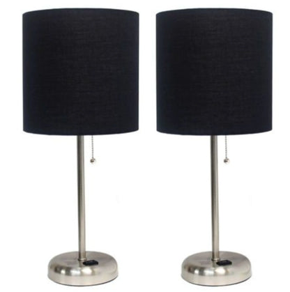 LimeLights Brushed Steel Stick Lamp with Charging Outlet and Fabric Shade (Set of 2)