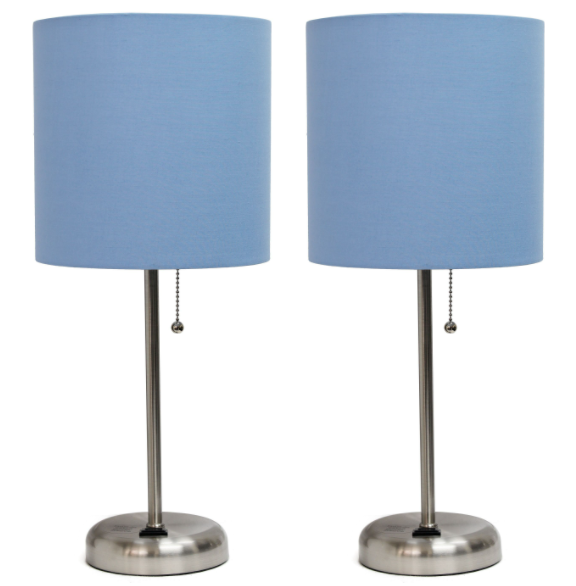 Set of 2 Brushed Steel Stick Lamps with Fabric Shades and Built-In Charging Outlets