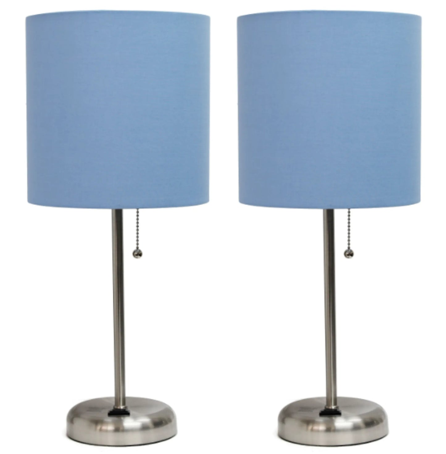 LimeLights Brushed Steel Stick Lamp with Charging Outlet and Fabric Shade (Set of 2)